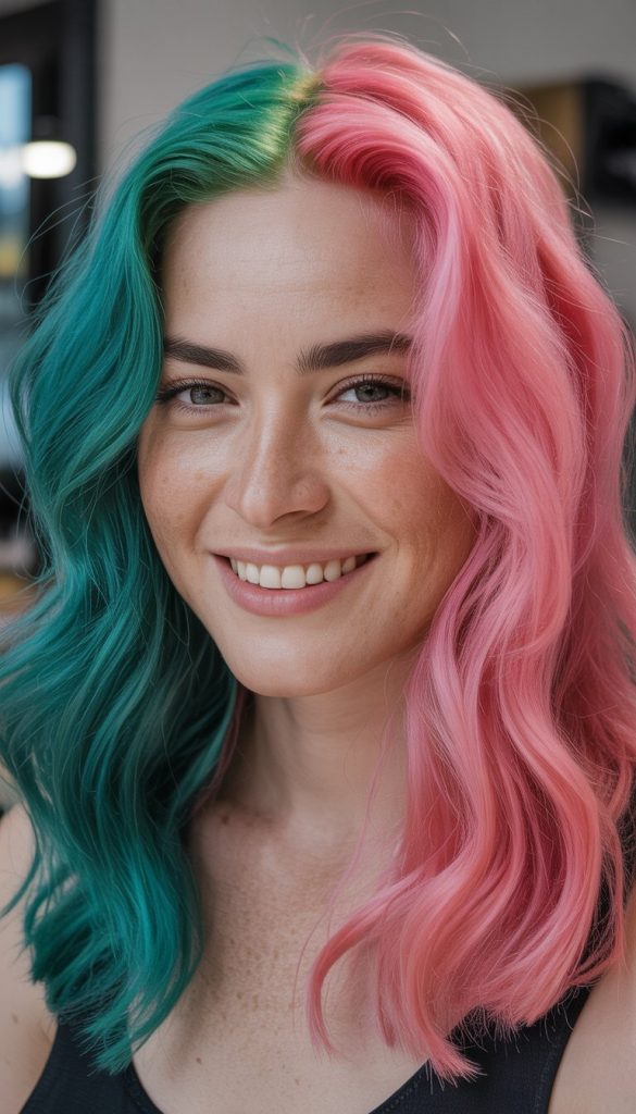 A woman with split-dyed hair, half green and half pink, smiling broadly.