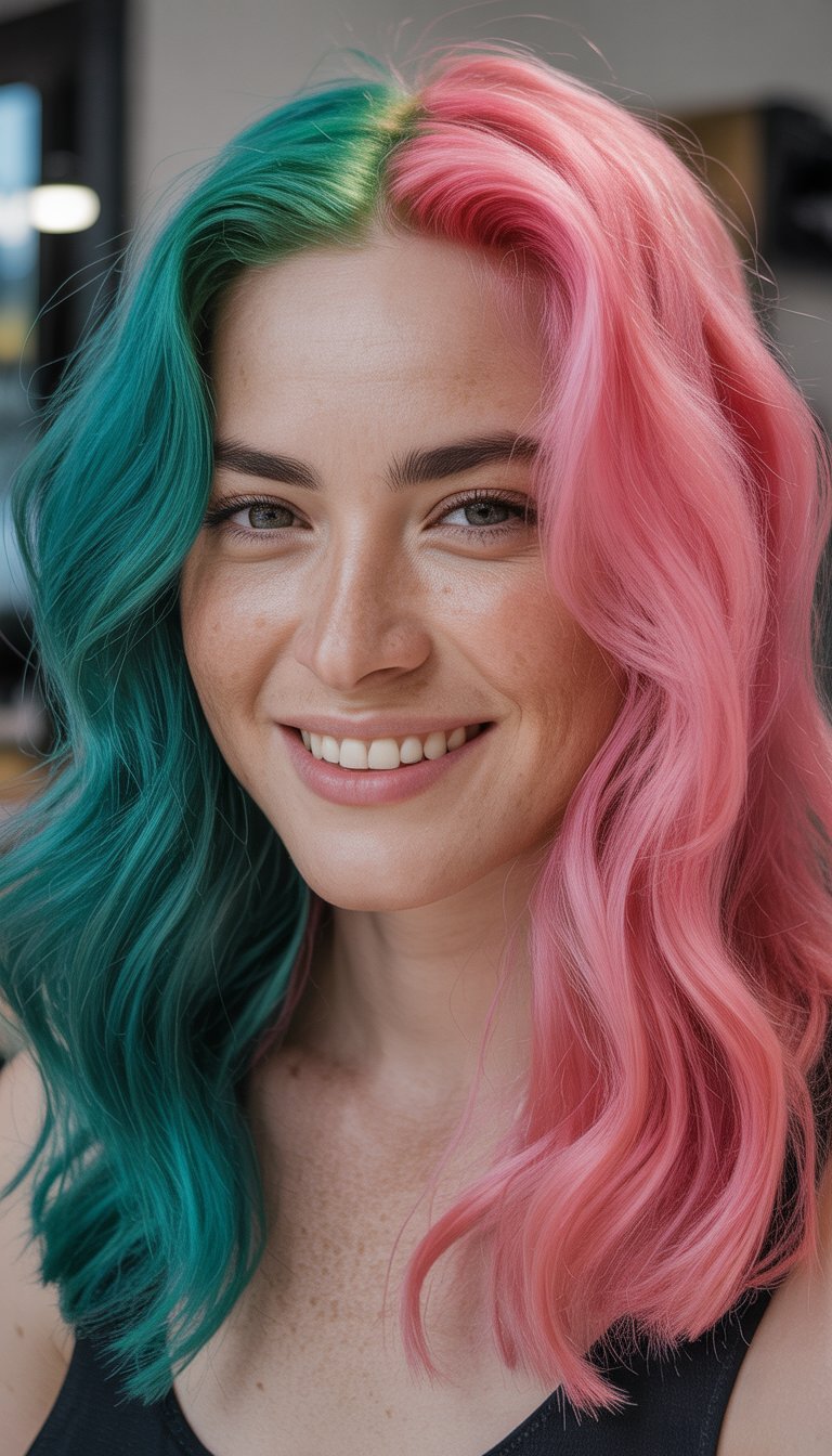 A woman with split-dyed hair, half green and half pink, smiling broadly.