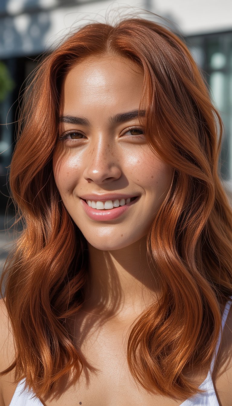 A woman with shiny copper-colored hair smiling naturally in a close-up photo with soft lighting.