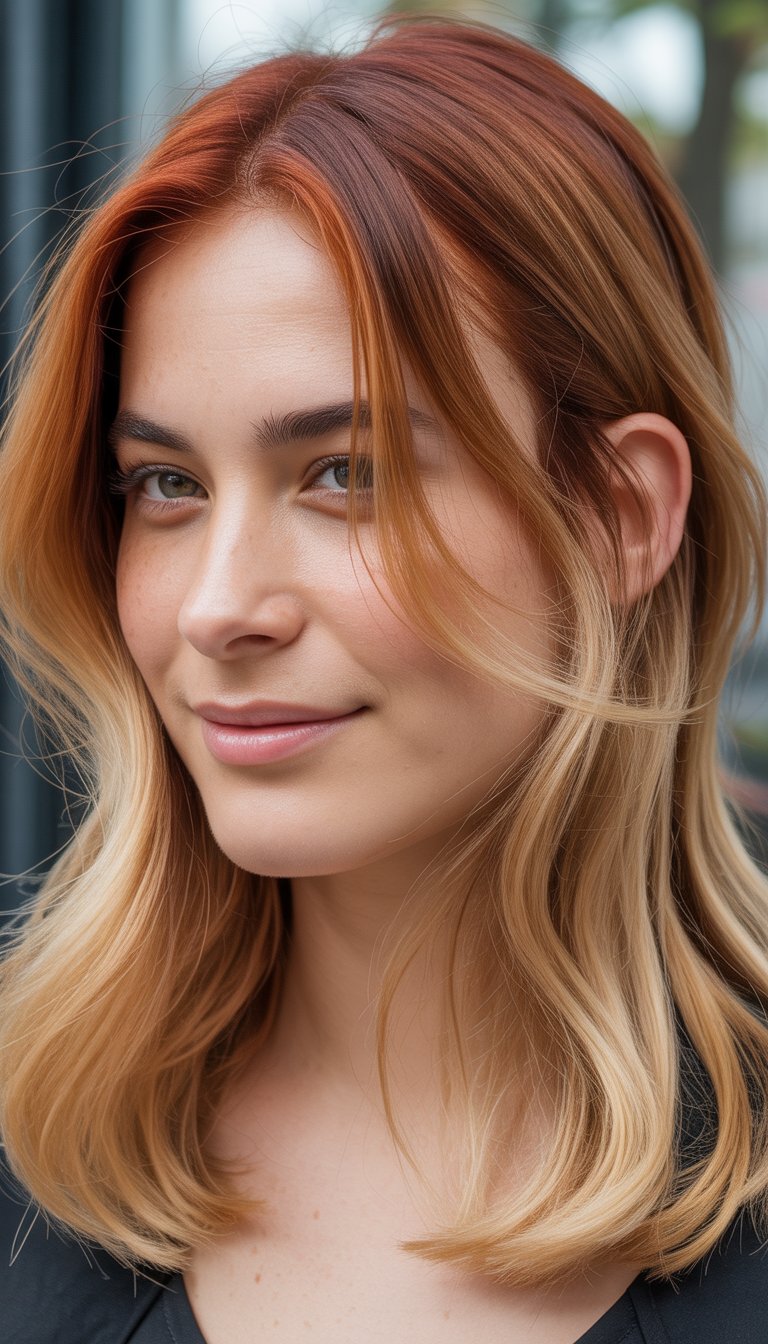 Close-up photo of a smiling woman with copper blonde ombre hair, natural skin texture, and soft lighting.