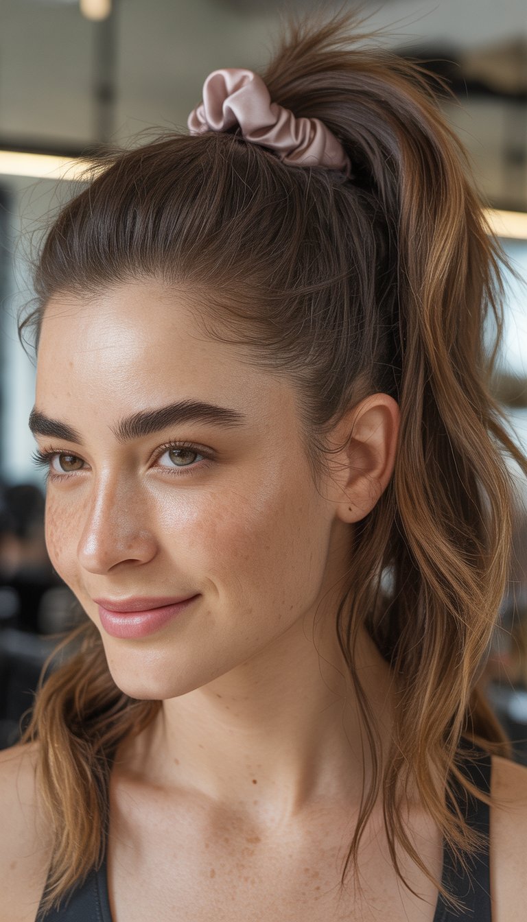 A woman smiling naturally with her hair pulled back in a high ponytail tied with a scrunchie.