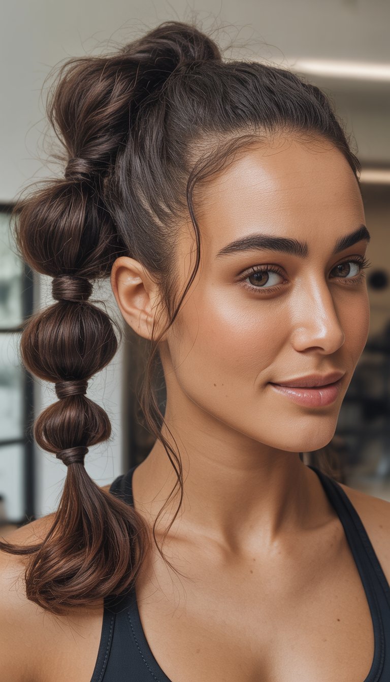Close-up photo of a smiling woman with her hair pulled back in a twisted low ponytail, looking natural and relaxed.