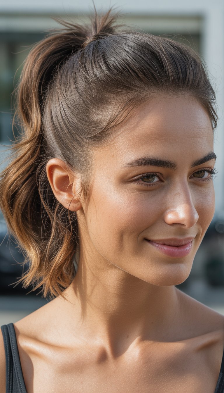 A smiling woman with a low messy ponytail, photographed closely with natural lighting and a blurred background.