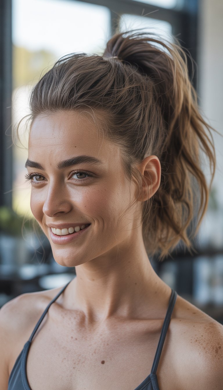 A woman smiling naturally with a high ponytail hairstyle, photographed in soft natural light with a blurred background.