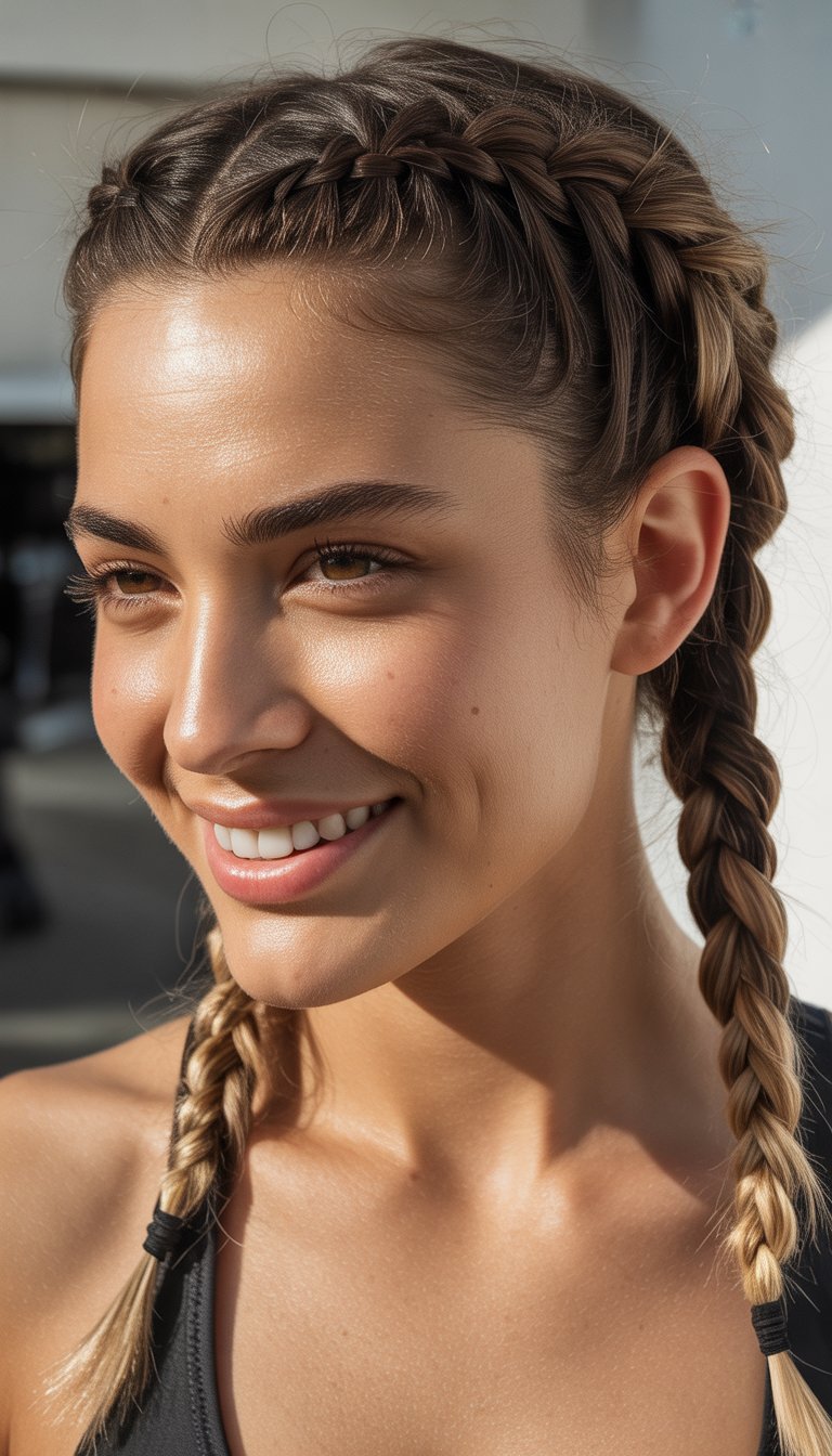 Close-up photo of a woman smiling naturally with braided pigtails, showing clear hair and skin texture.