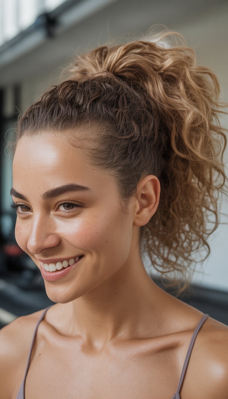 A woman smiling naturally with her curly hair pulled up into a high ponytail, looking confident in a softly lit setting.