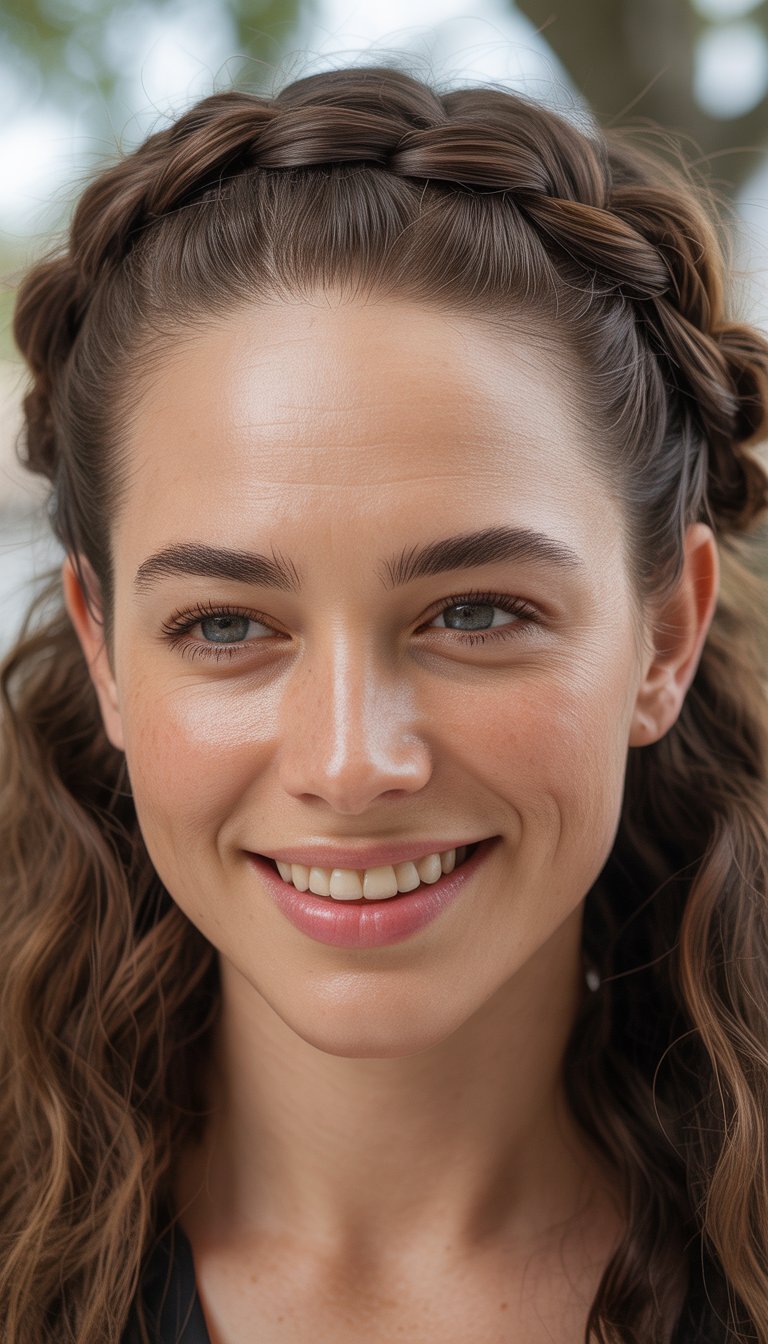 Close-up portrait of a smiling woman with a braided crown hairstyle, natural skin texture, and soft lighting.