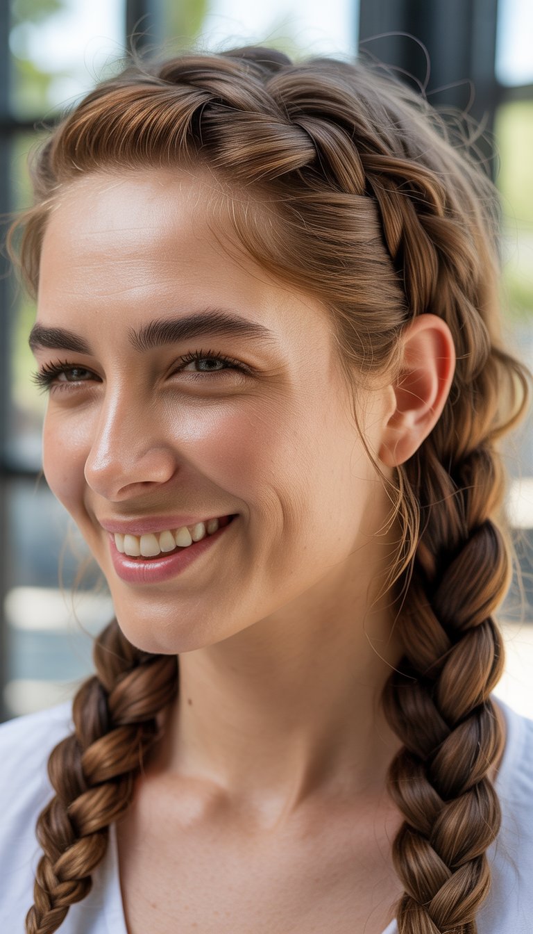 Portrait of a smiling woman with a braided hairstyle, looking at the camera in natural light.