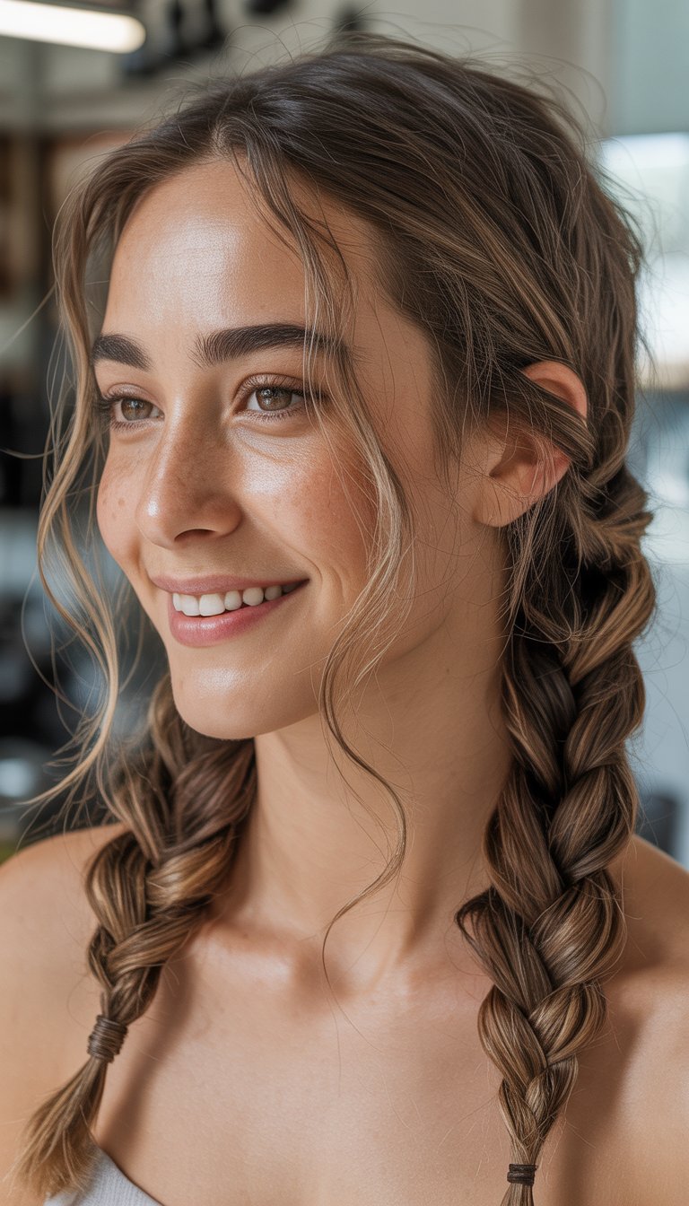 A woman smiling softly with a fishtail braid hairstyle, photographed in natural light with a blurred background.