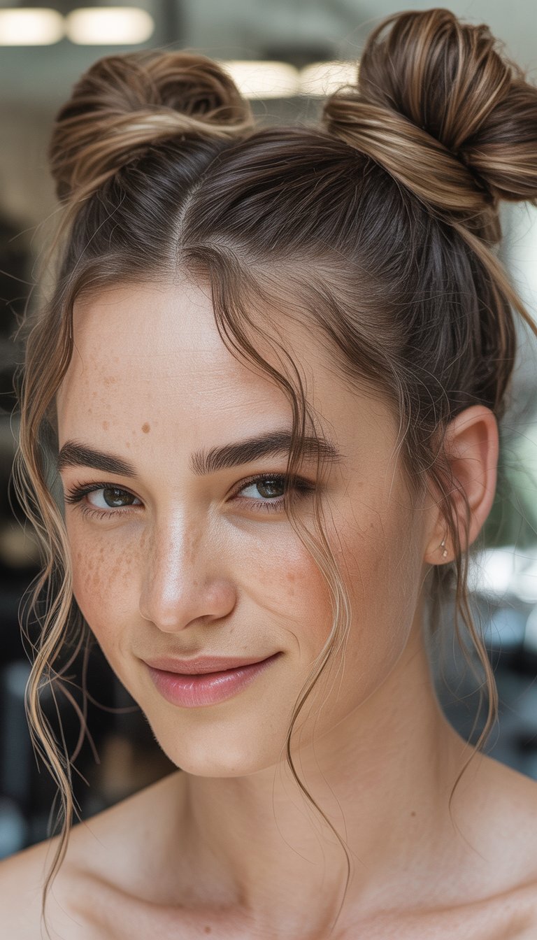 Close-up photo of a smiling woman with her hair styled in two buns on top of her head, looking directly at the camera.