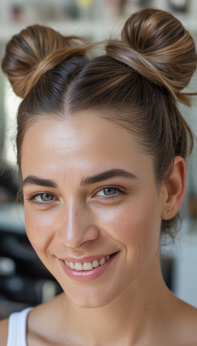 Close-up photo of a smiling woman with her hair styled in two buns on top of her head.