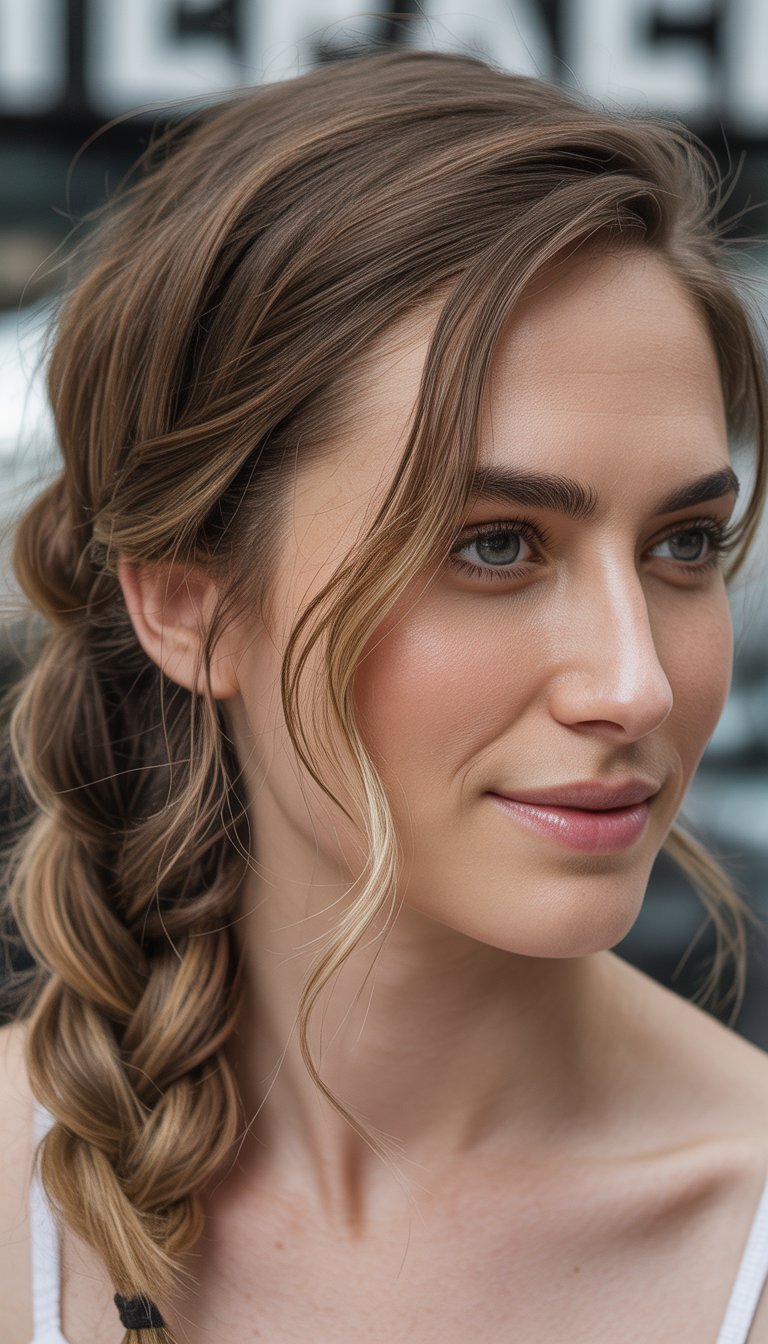 Close-up photo of a smiling woman with a side swept braid hairstyle and natural lighting.