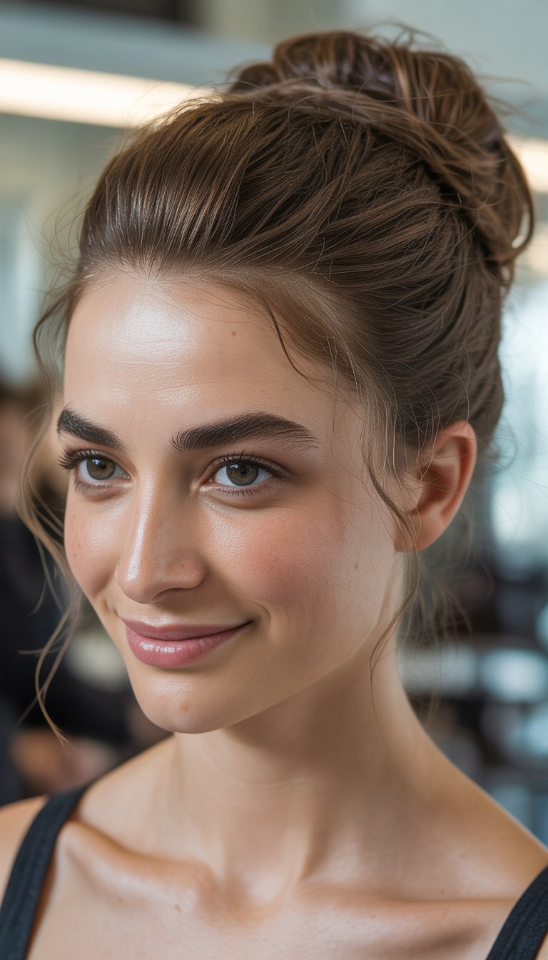 Close-up photo of a smiling woman with a low bun hairstyle, natural lighting, and a blurred background.