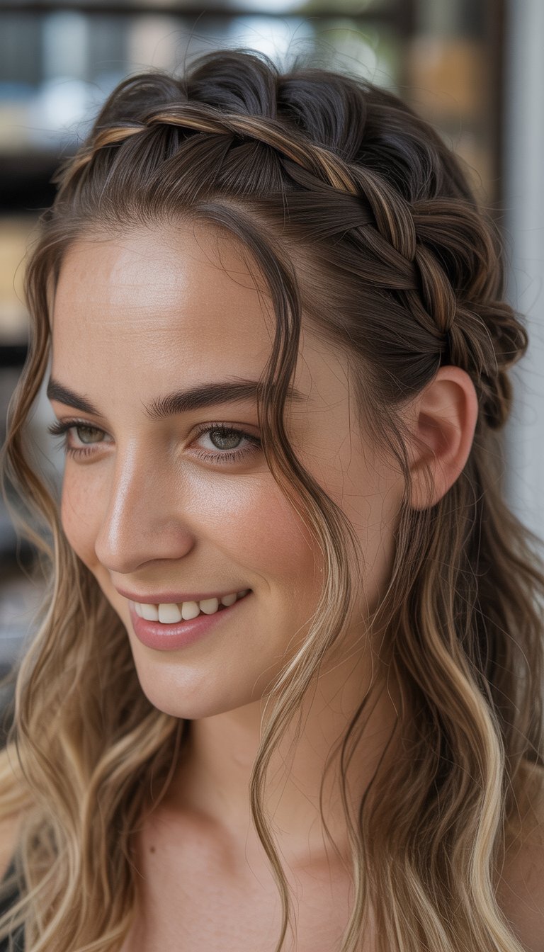 A close-up photo of a smiling woman with a braided hairstyle, natural skin texture, and soft lighting.