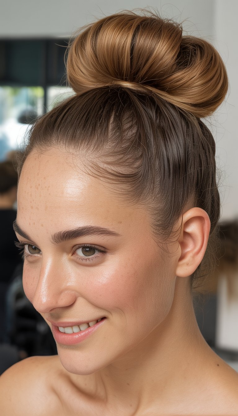 A close-up photo of a smiling woman with her hair pulled back into a tight bun.