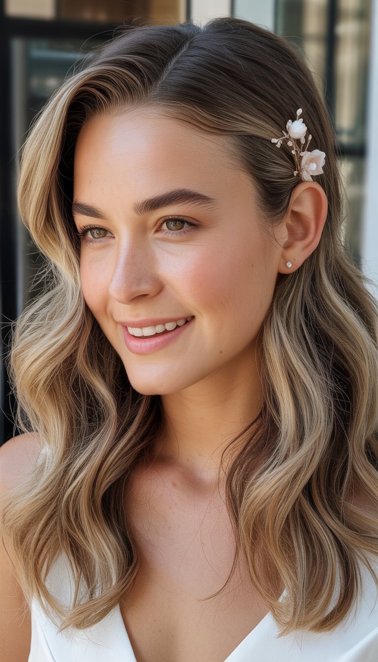 A smiling woman with softly wavy hair and decorative hair accessories, photographed in natural light.