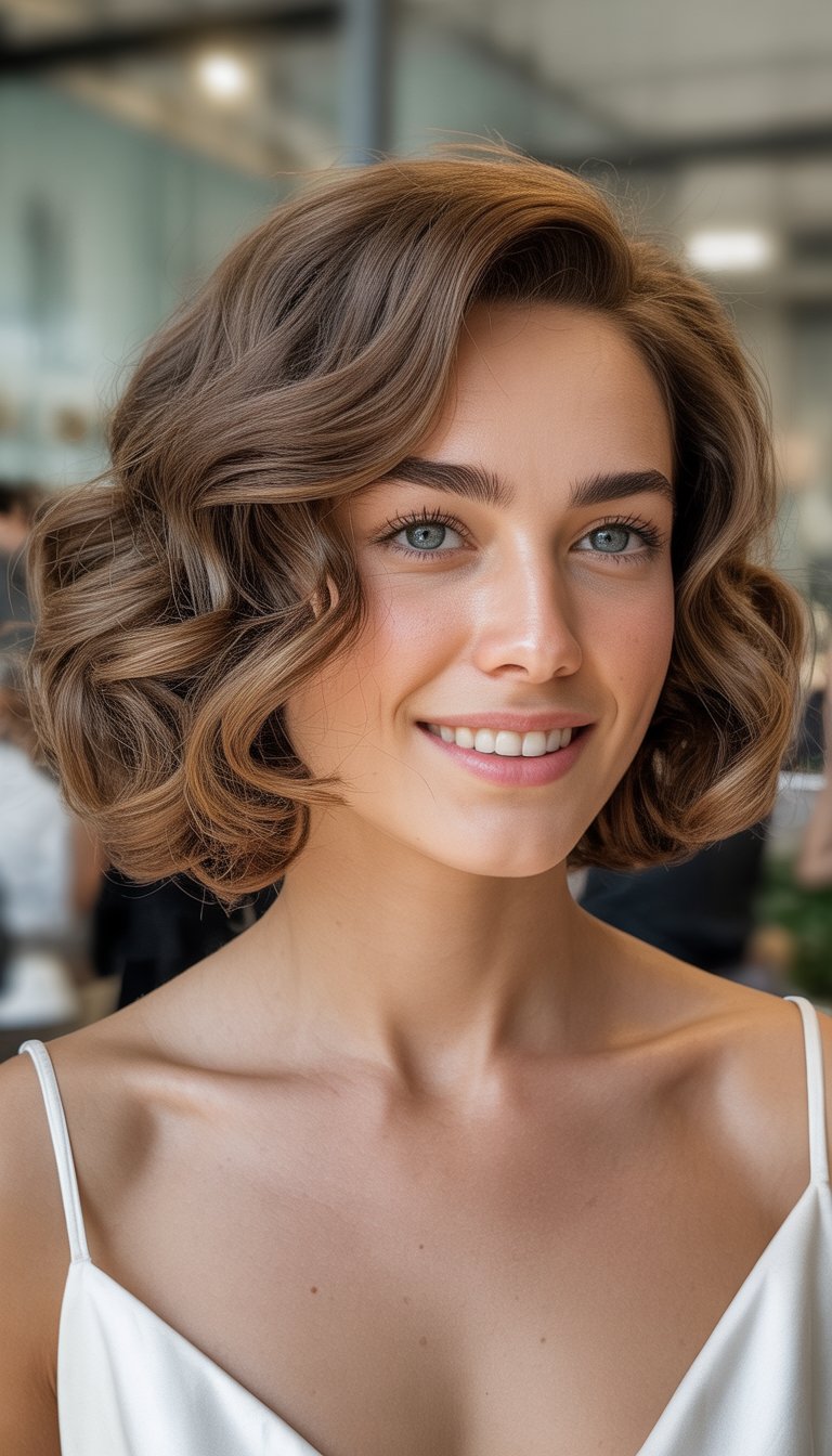 A smiling woman with shoulder-length curled hair posing for a close-up photo.