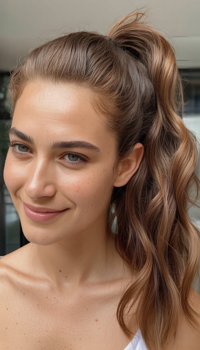 A close-up photo of a smiling woman with a half-up hairstyle, looking directly at the camera in natural light.