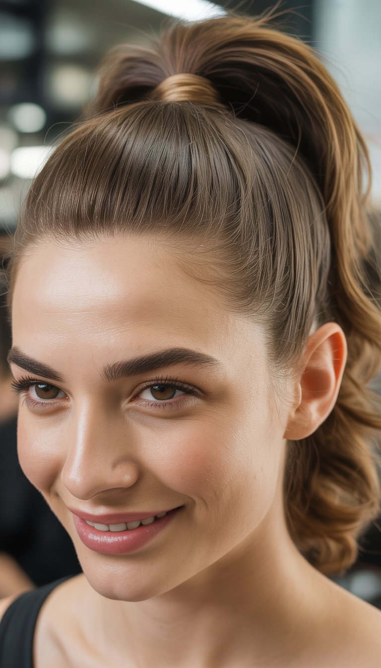 A close-up photo of a smiling woman with a high sleek ponytail hairstyle, looking at the camera.