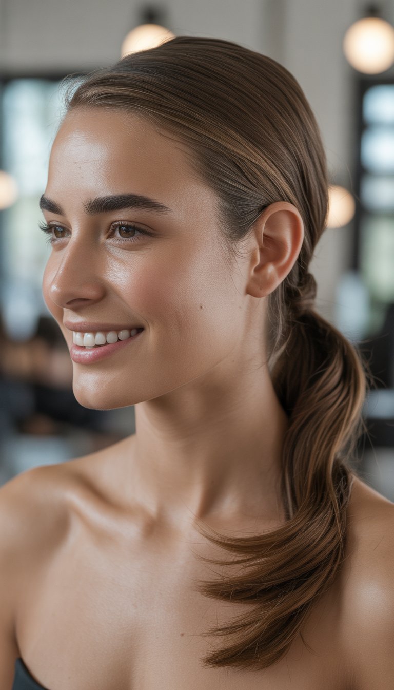 A beautiful woman with a sleek side ponytail smiling naturally in a softly blurred background.