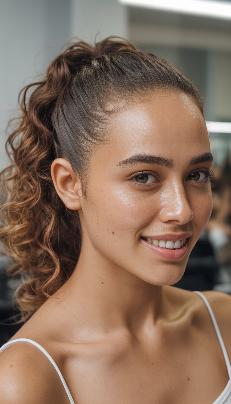 A woman with a curly ponytail smiling naturally in a softly blurred background.