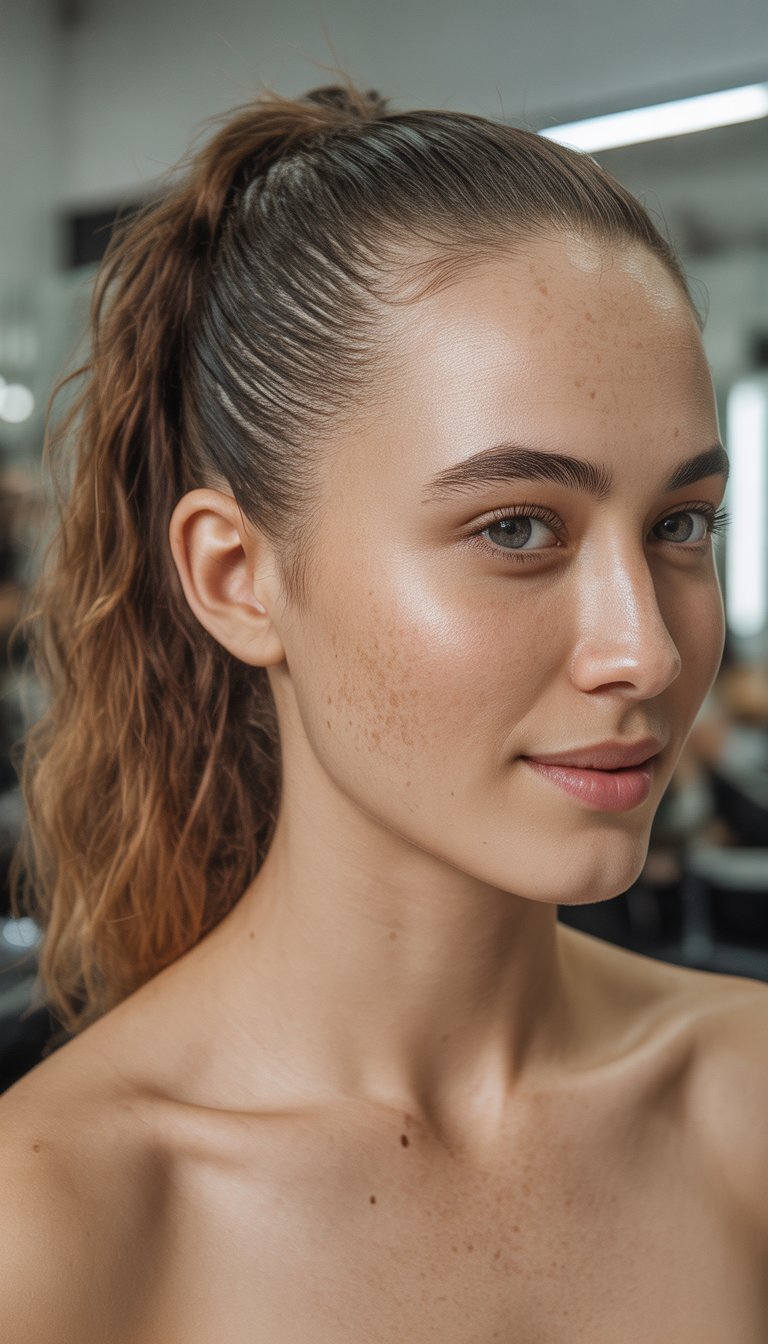 Portrait of a smiling woman with a sleek ponytail and crimped hair, looking towards the camera in natural light.