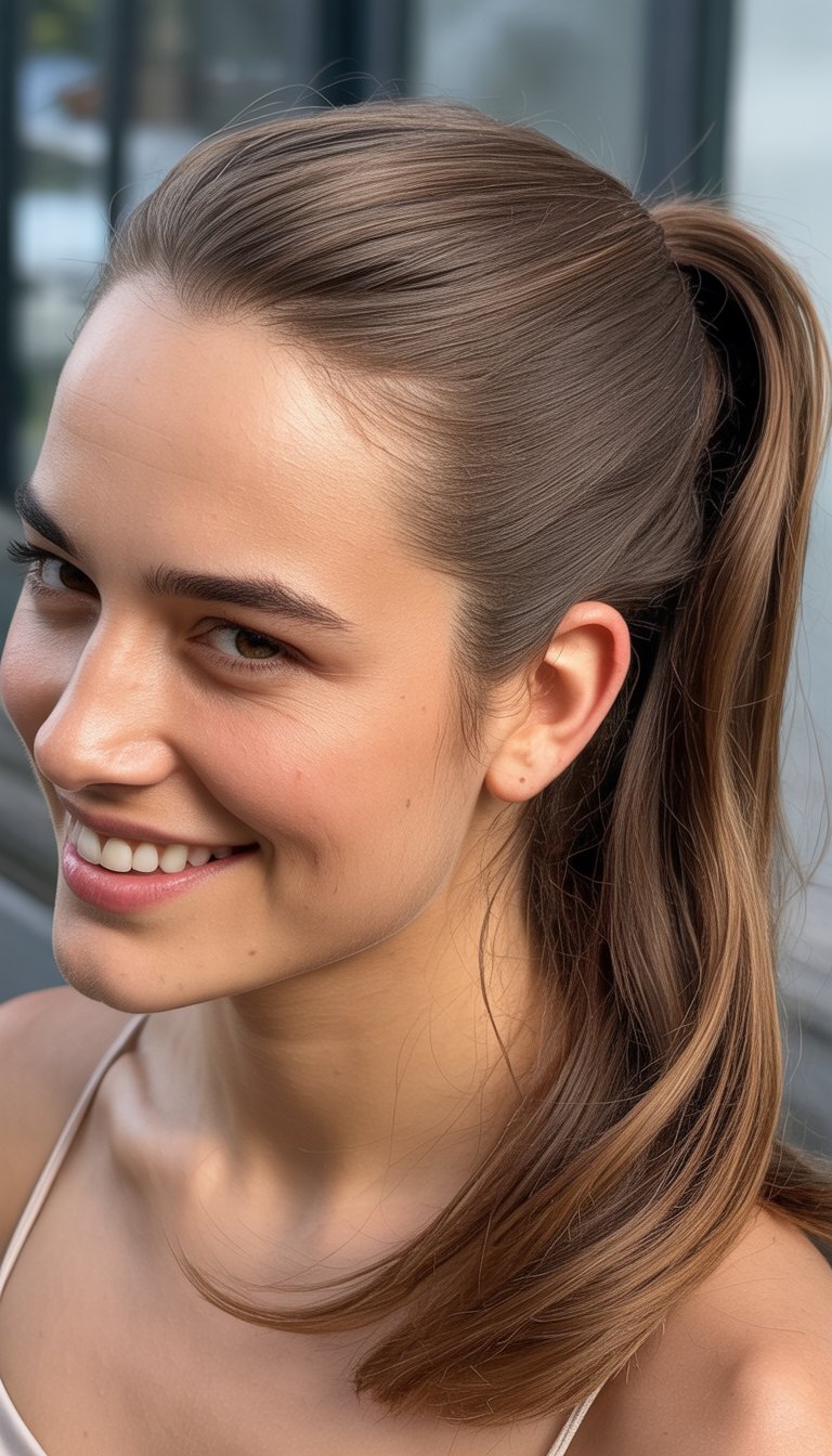 A close-up photo of a smiling woman with a half-up half-down ponytail hairstyle, natural skin texture, and soft lighting.