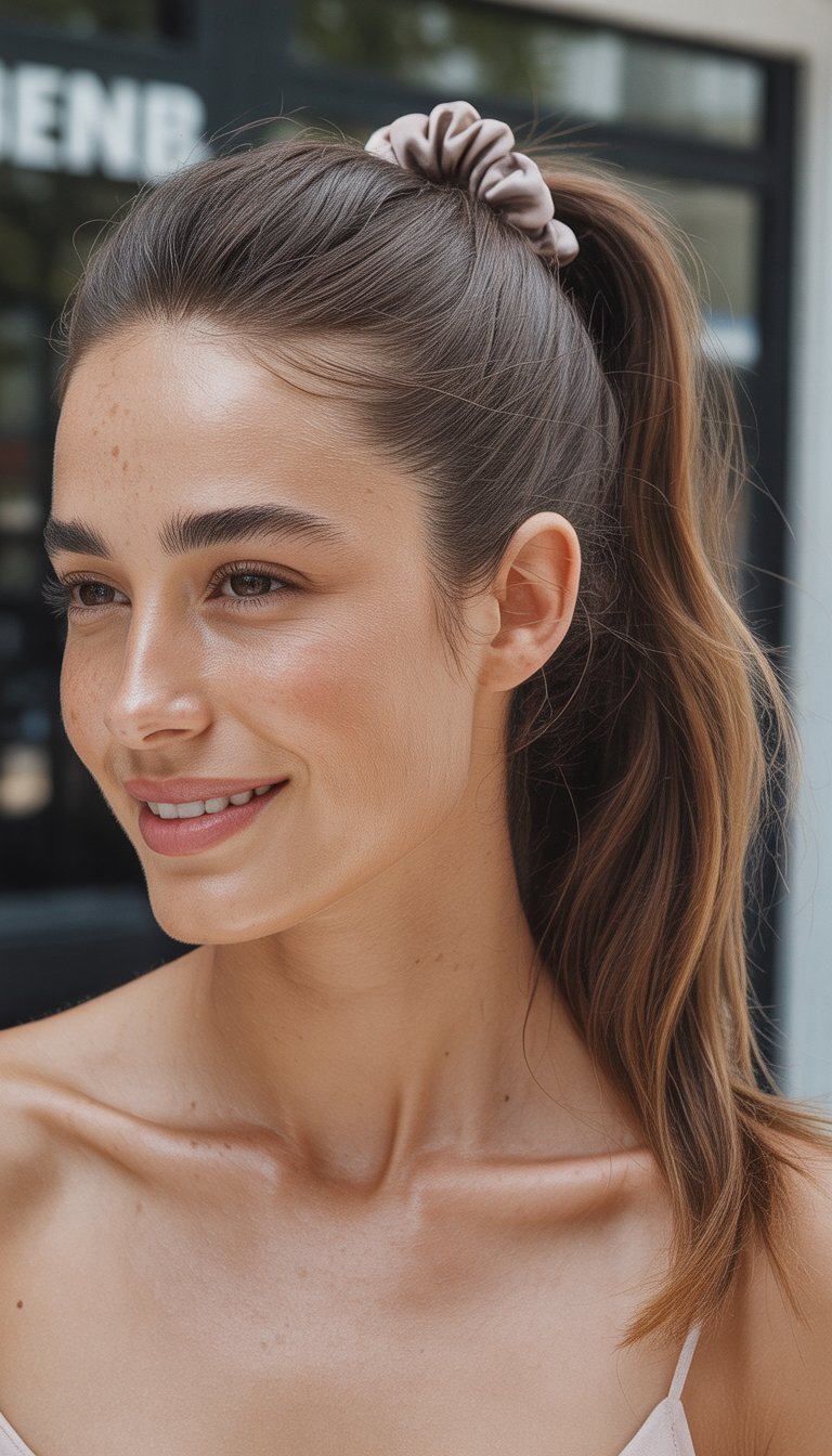 A woman with a sleek ponytail tied with a scrunchie smiling softly at the camera in natural light.