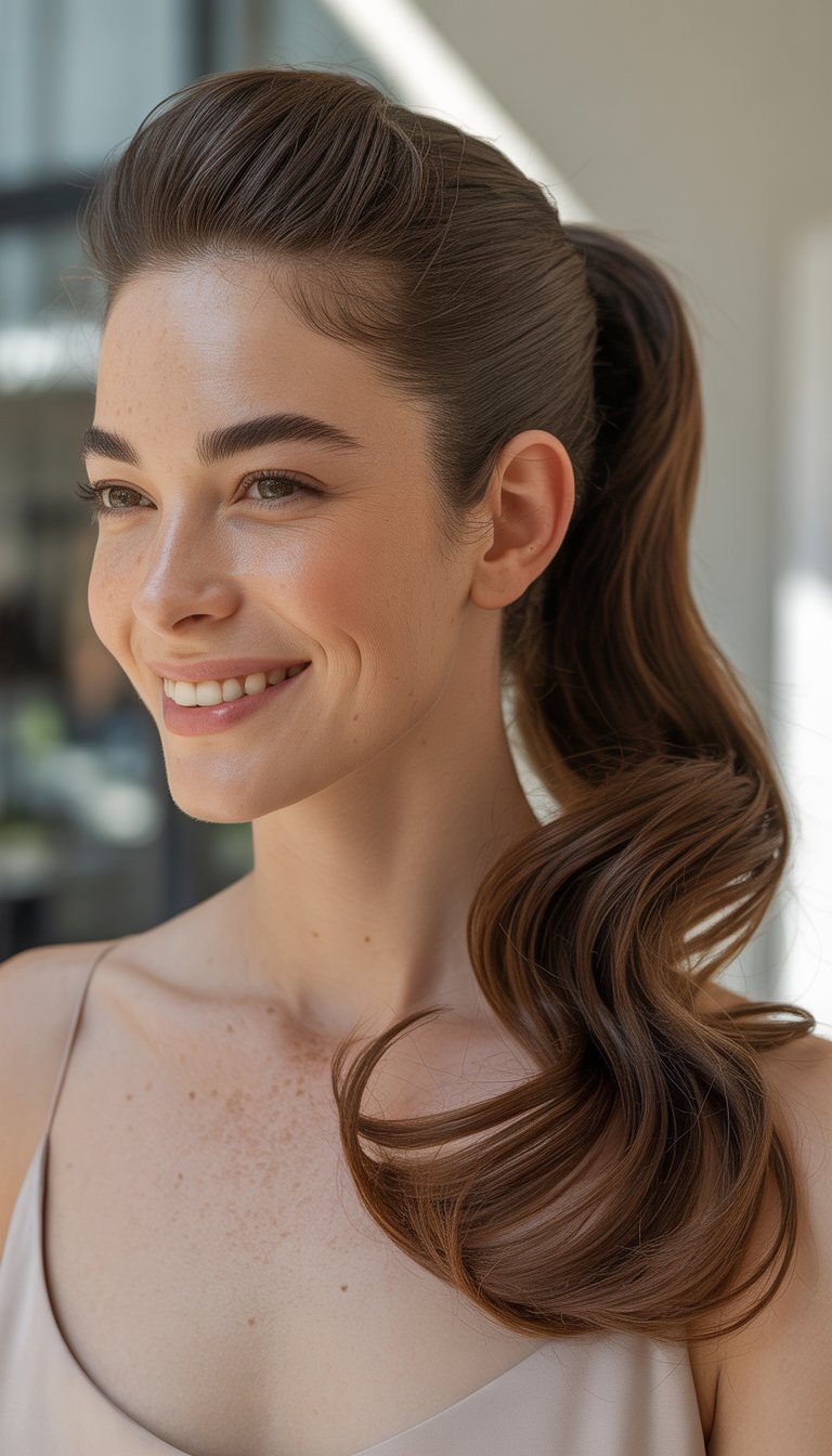 A woman smiling gently with her hair styled in a sleek ponytail, standing against a softly blurred background.