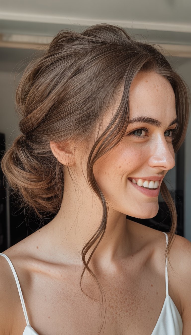 A woman with light brown hair styled in a loose updo, wearing a white sleeveless top, smiles slightly while looking off to the side.