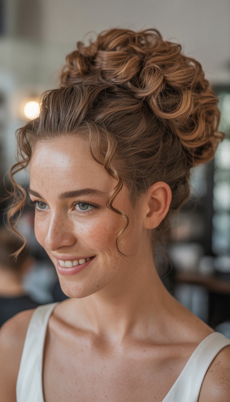 Close-up of a smiling woman with curly hair styled in an elegant updo, wearing a white sleeveless top in a softly lit indoor setting.