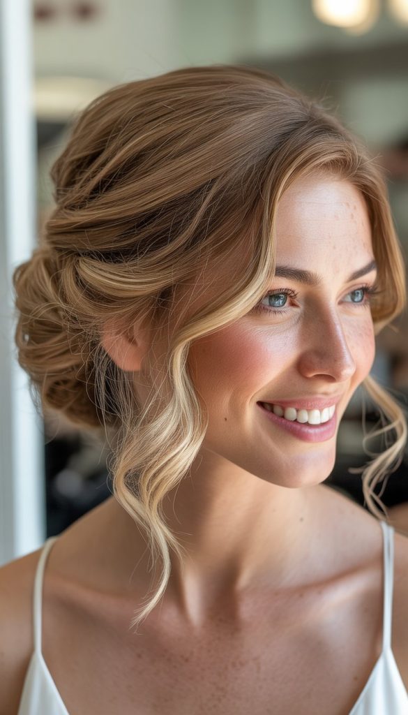 Close-up of a smiling woman with wavy blonde hair styled in an elegant updo, wearing a white sleeveless top.