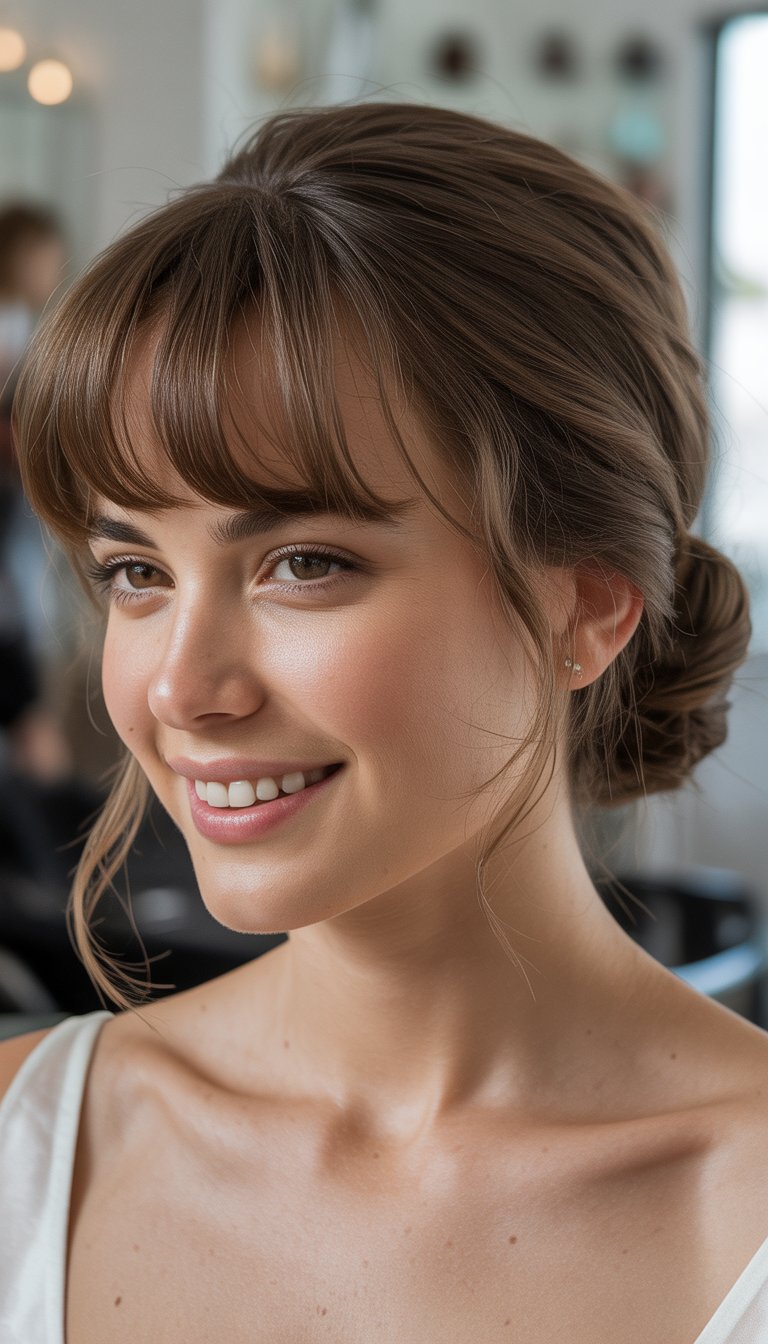 A woman with brown hair styled in a low bun and bangs smiles, wearing a white top in a softly lit room.