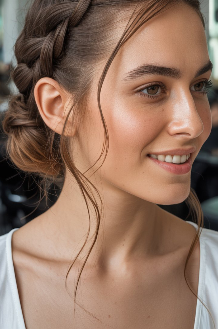 Close-up of a woman with braided hair and gentle makeup, smiling softly to the side.