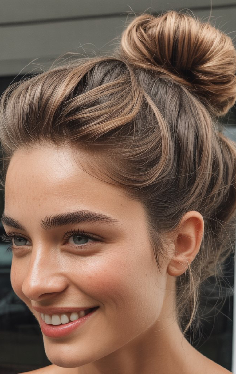 Close-up of a person with brown hair styled in a bun, smiling, and looking to the side.