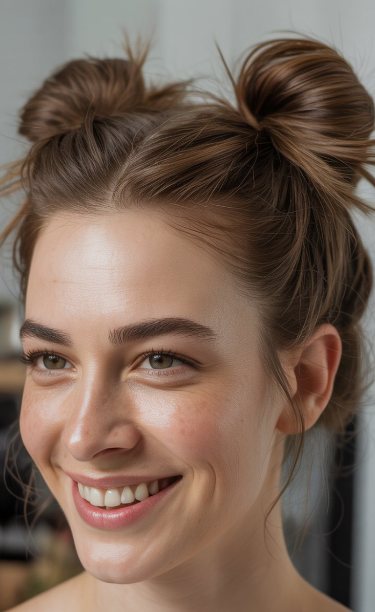 A woman smiling broadly with her hair styled in two buns on top of her head.