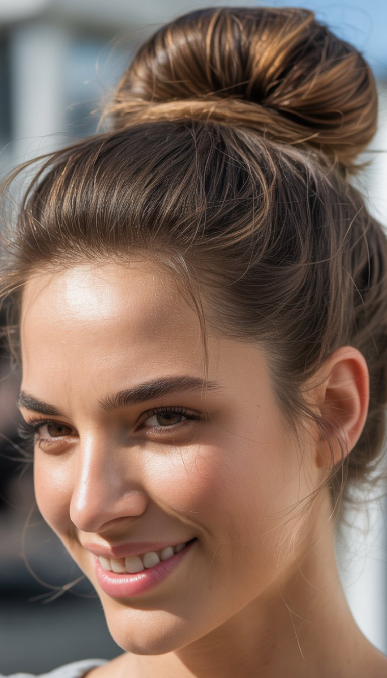 Close-up of a smiling woman with brunette hair in a bun and wearing minimal makeup, with natural lighting highlighting her features.