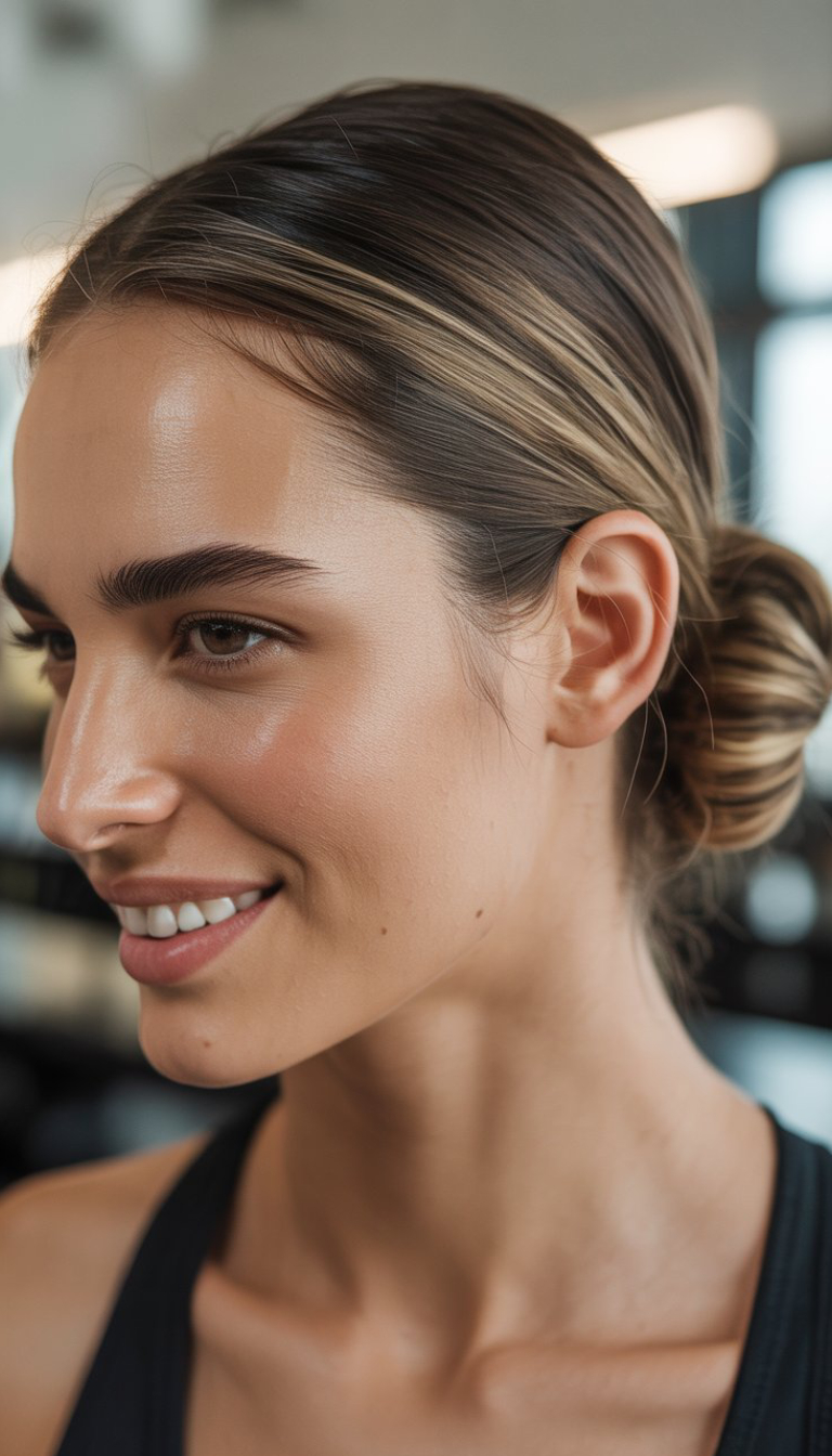 A close-up of a woman with smooth skin and neatly braided hair, smiling and looking to the side.