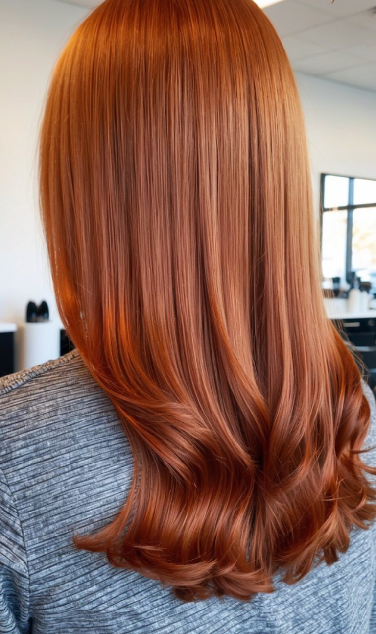A person with long, smooth, auburn hair styled in loose curls at the ends, wearing a gray striped top, photographed from behind in an indoor setting.
