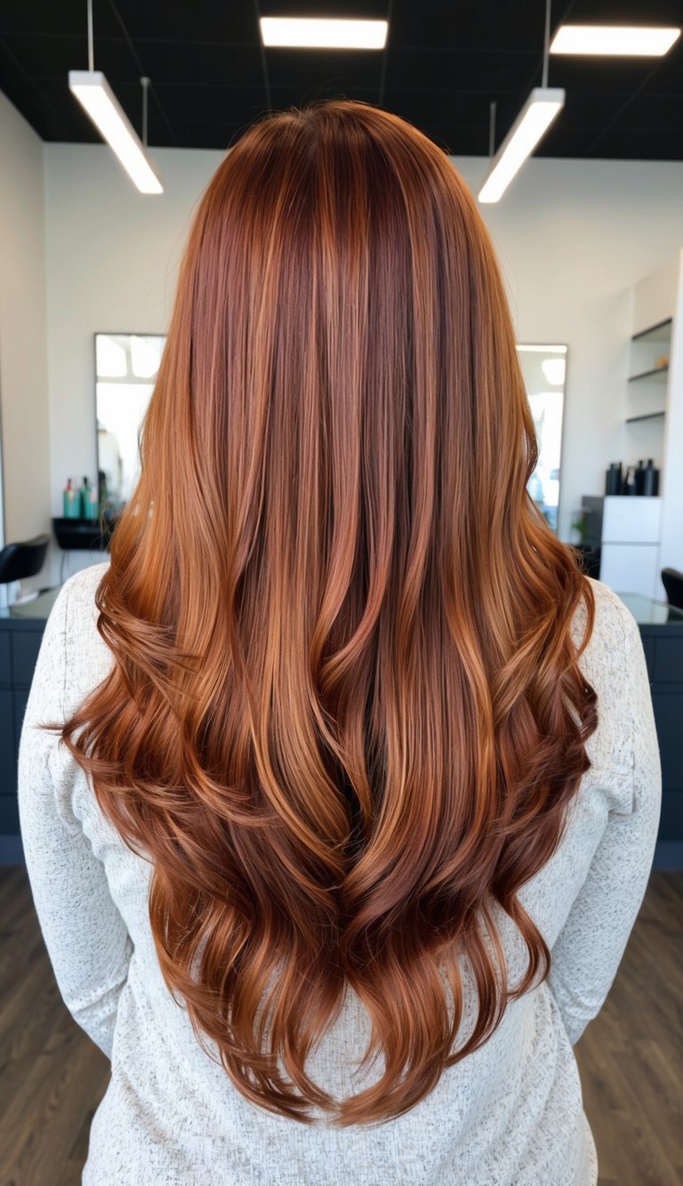 A cascade of rich copper hair colors, ranging from warm auburns to golden hues, evoking the essence of fall