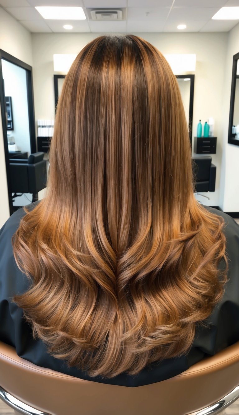 A steaming latte brown hair color palette with warm auburn and golden tones, evoking the cozy feeling of fall