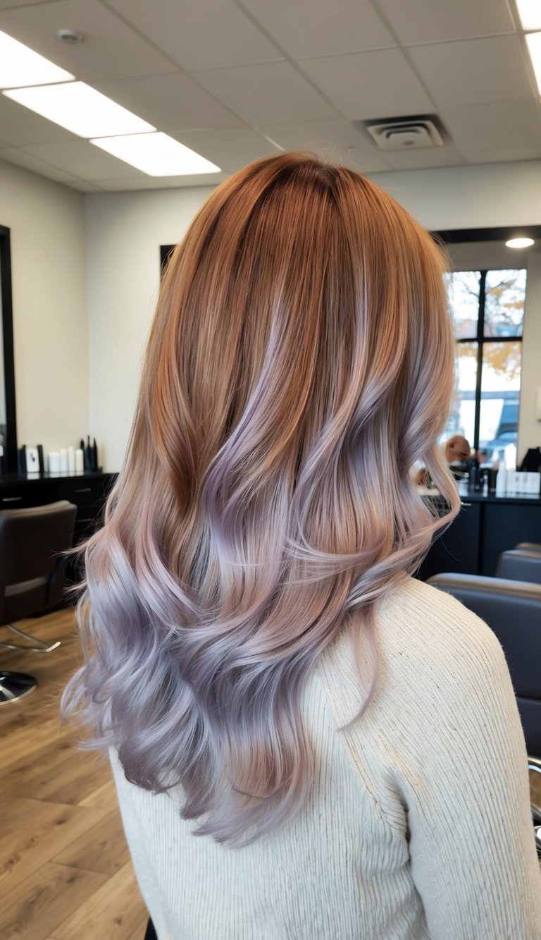 A cozy autumn scene with a smoky lilac hair color palette, featuring warm auburns and golden tones
