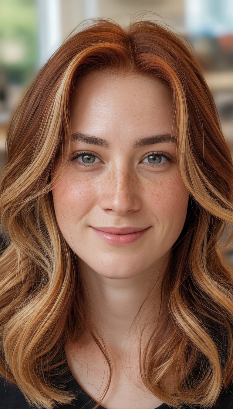 Portrait of a woman in her 30s with warm fall-colored hair and natural skin, photographed with soft natural light and a blurred background.