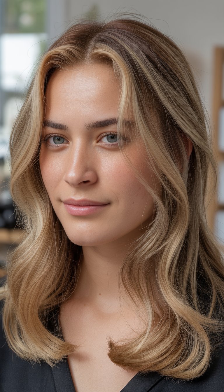 Portrait of a woman with shoulder-length smoky blonde hair, softly lit with a blurred background.