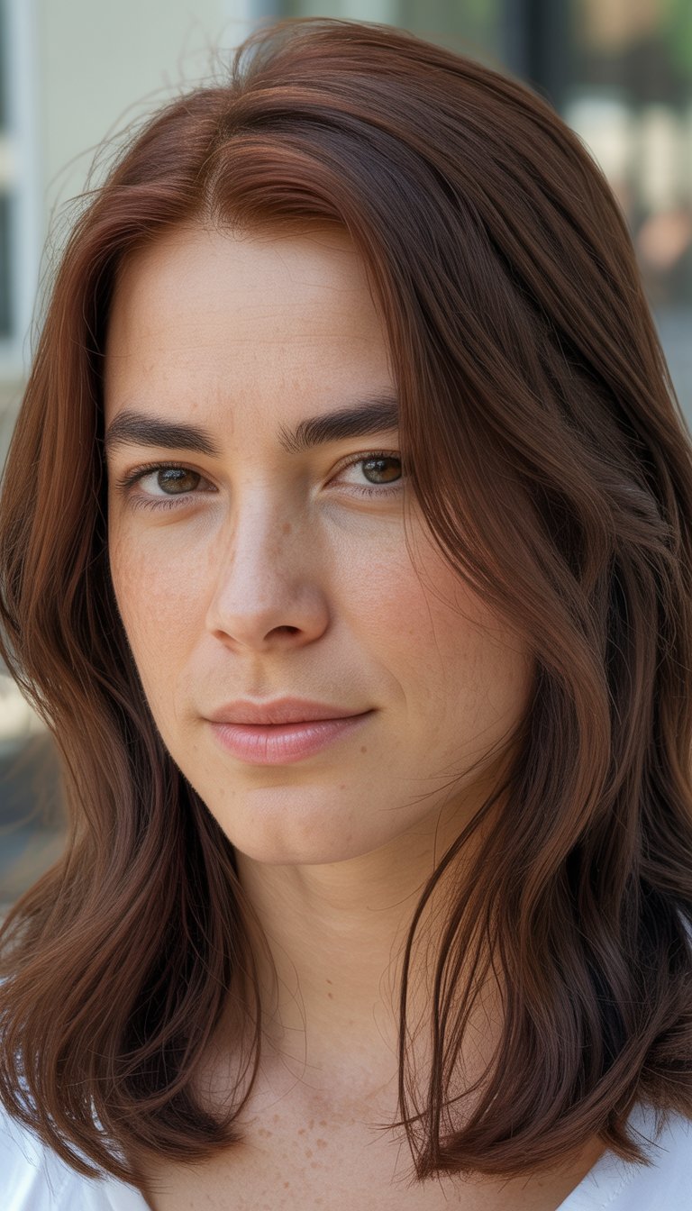 Portrait of a 30-year-old woman with medium-length deep brown hair, natural skin, and a softly blurred background.