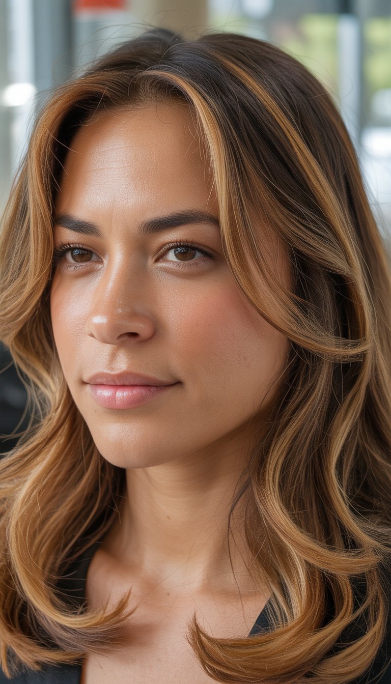 Portrait of a woman with highlighted hair and natural skin, looking slightly to the side against a softly blurred background.