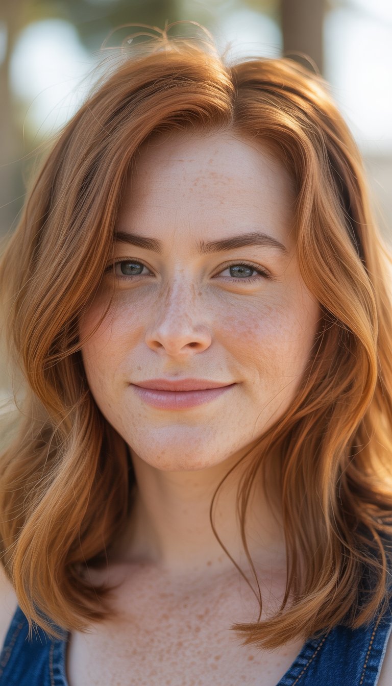 A close-up photo of a woman with medium-length auburn hair and natural skin, softly lit with a blurred background.