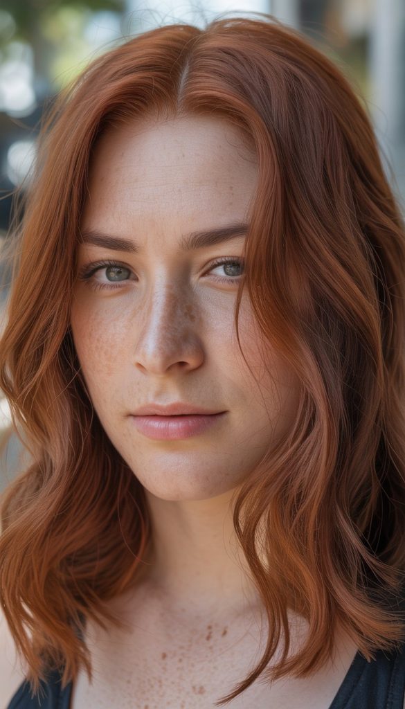 Portrait of a woman with wavy auburn hair and freckles, looking into the camera outdoors.