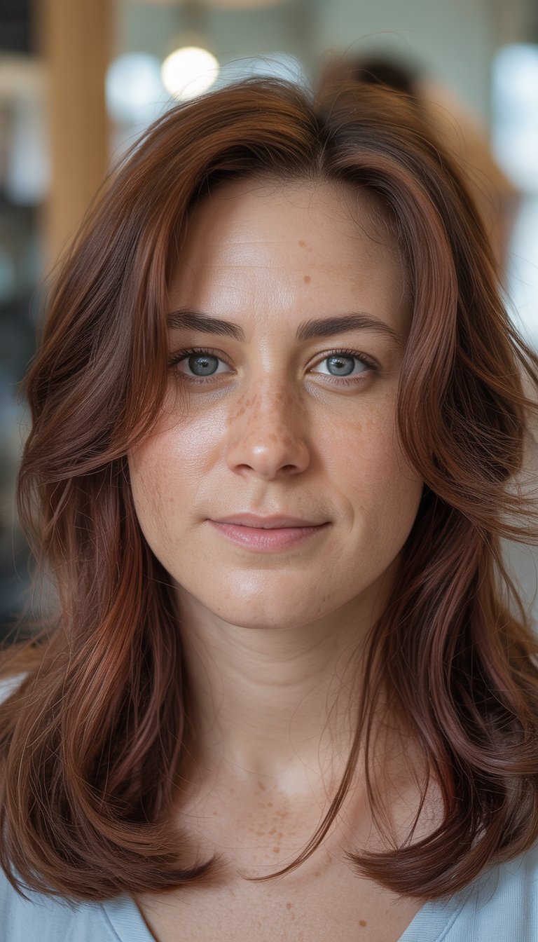 A close-up photo of a woman with berry brown hair and natural skin, softly lit with a blurred background.