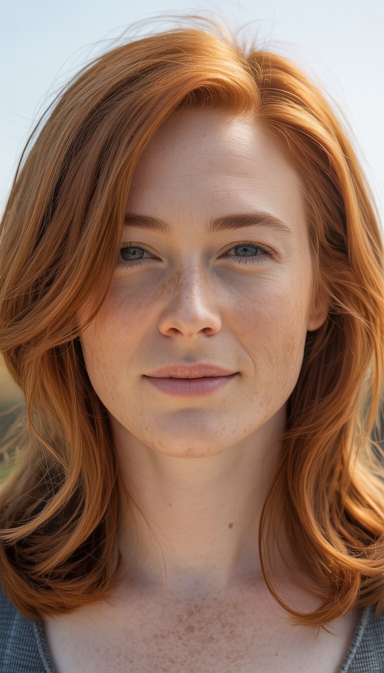 Portrait of a 30-year-old woman with medium-length maple red hair and a soft, natural background.